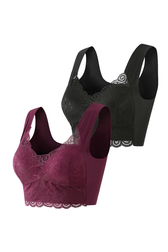 Bras for Women Wireless Push up Wirefree Bra Lace Padded Back-Smoothing Bras 2 Pack