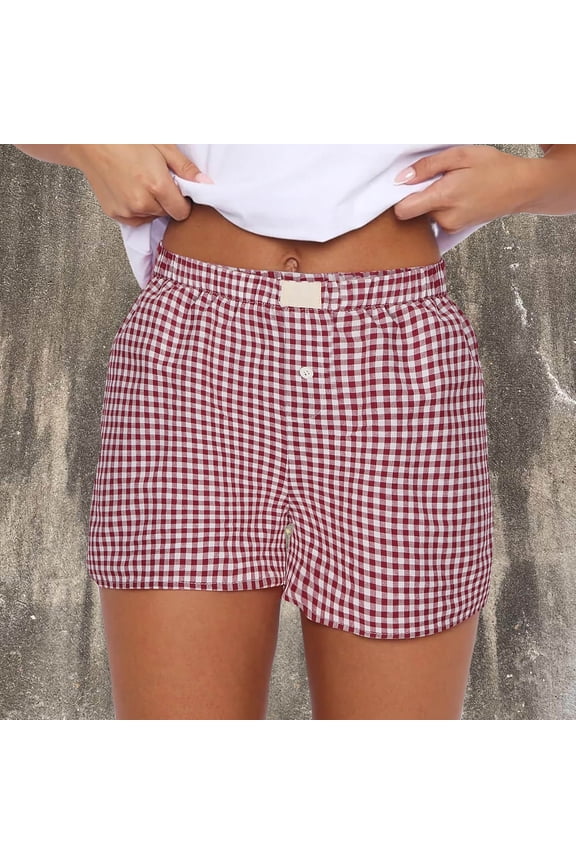Cotton Bermuda Shorts for Women Plus Size Plaid Elastic Waist Casual Women Shorts Plus Size with Pockets