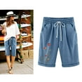 thumbnail image 1 of CALAFEBILA Cotton Linen Bermuda Shorts for Women Knee Length Drawstring Casual Summer Shorts for Women with Pockets, 1 of 6