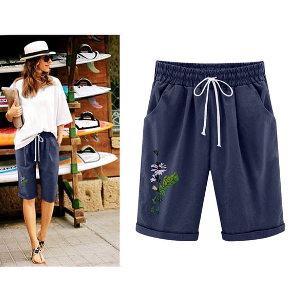 CALAFEBILA Cotton Linen Bermuda Shorts for Women Knee Length Drawstring Casual Women Shorts Plus with Pockets