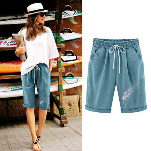 CALAFEBILA Cotton Linen Bermuda Shorts for Women Knee Length Drawstring Casual Womens Shorts with Pockets