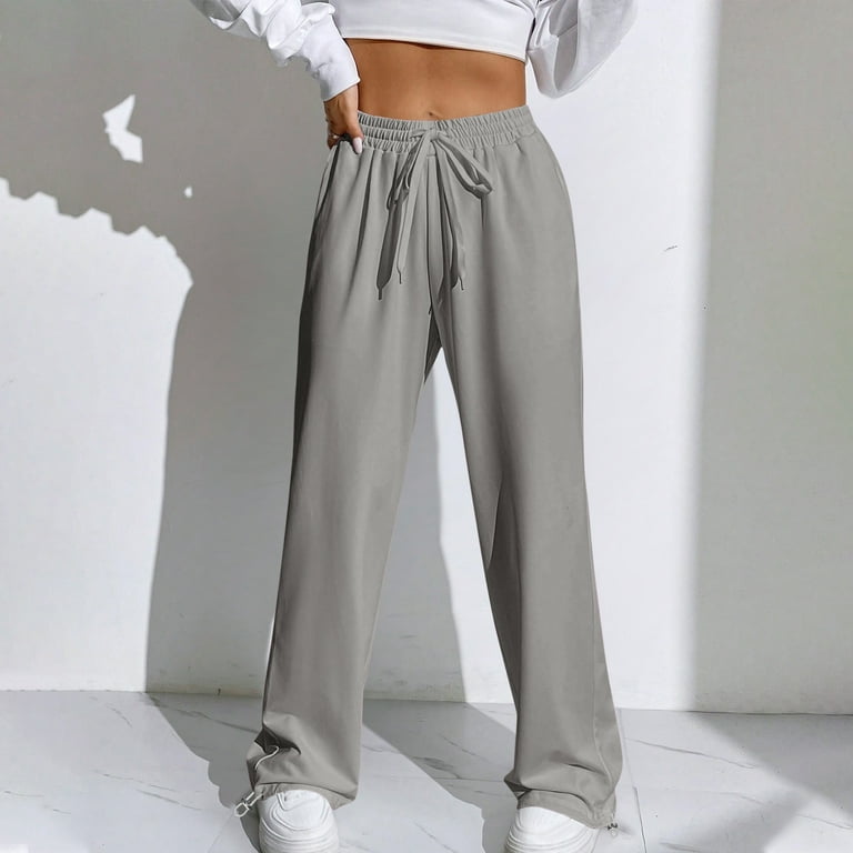 CALAFEBILA Cotton Pants for Womens Fashion Stretch Jogger Straight Leg High  Waist Trousers Casual Solid Drawstring Long Relaxed Fit Pants with Pockets