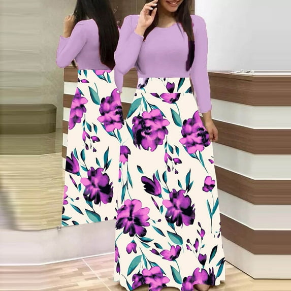 CALAFEBILA Date Night Dresses for Women Long Sleeve Floral Maxi Formal Dress Slim Patchwork Long Teen Dresses