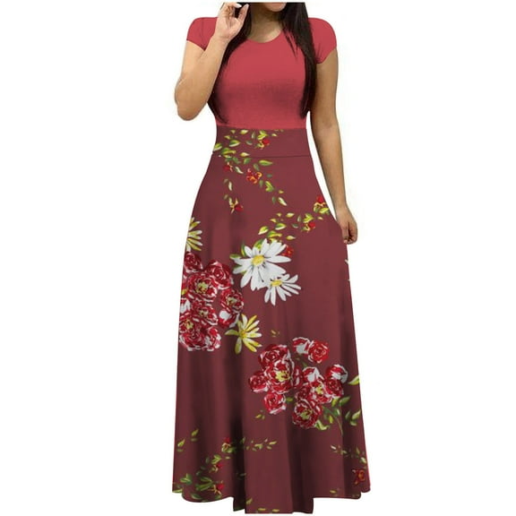 CALAFEBILA Date Night Dresses for Women Short Sleeve Floral Maxi Formal Dress Patchwork Long Dresses for Teens