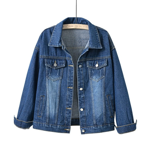 CALAFEBILA Denim Jacket for Women Womens Fall Fashion 2023 Cropped Jean Jacket Long Sleeve Single-Breasted Oversized Denim Jacket With Pockets