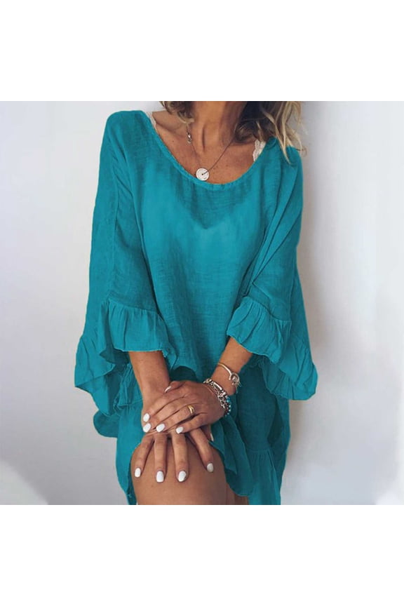Dresses for Women 2025 3/4 Sleeve Solid Color Mini Sun Dress Flowy Ruffle Sleeve Short Teen Dresses