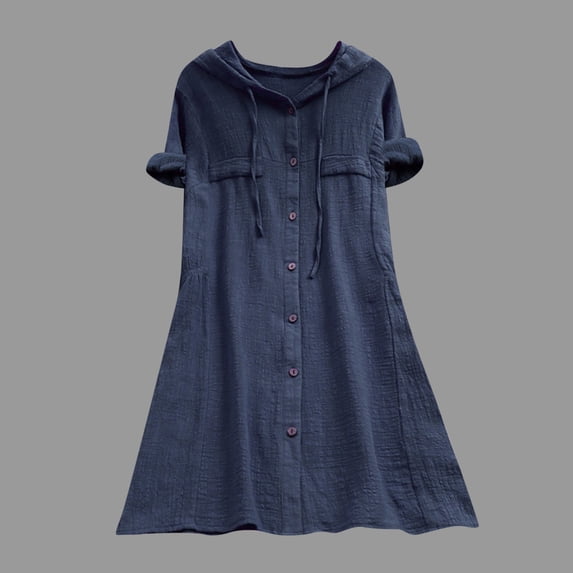 CALAFEBILA Dresses for Women 2025 Short Sleeve Hoodies Solid Color Mini Shirt Dress Button Down Cotton Short Women's Dresses