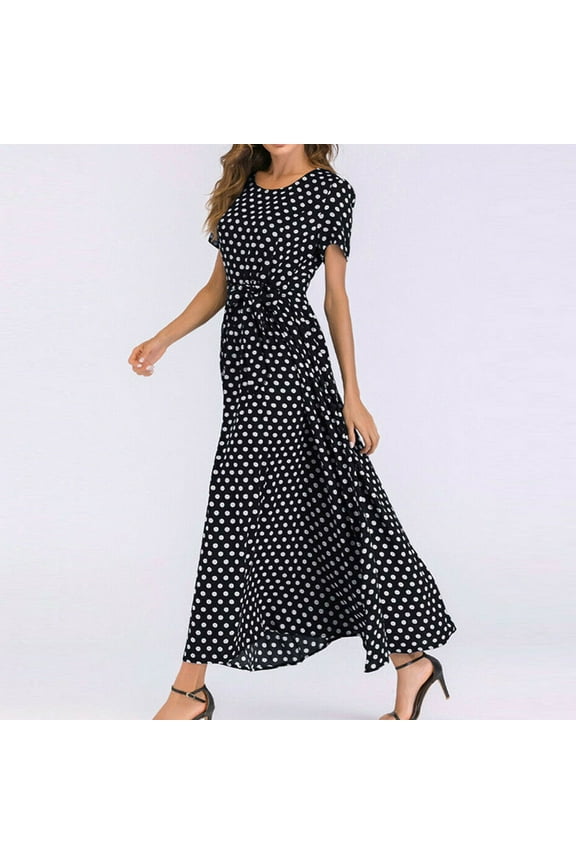 Dresses for Women 2025 Short Sleeve Polka Dot Midi Sun Dress Bandage Flowy Swing Long Women Casual Dresses