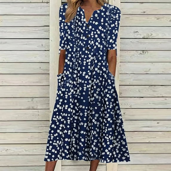 CALAFEBILA Dresses for Women 2025 Short Sleeve V-neck Floral Midi Shirt Dress Button Long Women's Dresses