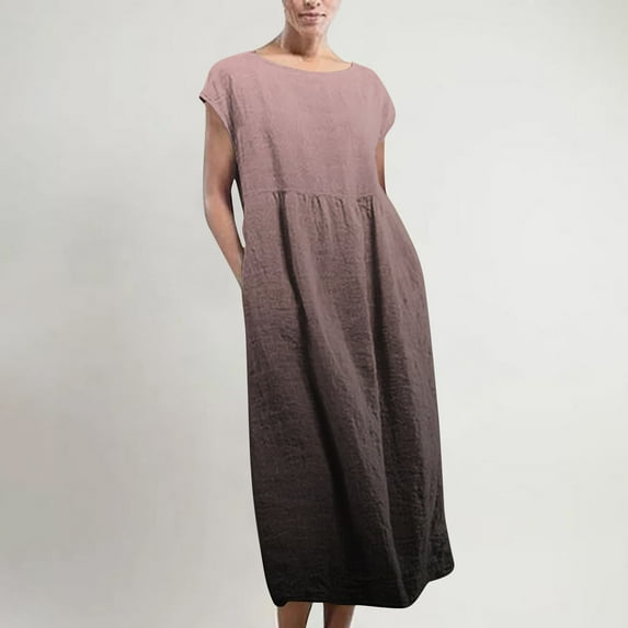 CALAFEBILA Dresses for Women 2025 Sleeveless Gradient Color Midi Kaftan Dress Cotton Linen Pockets Tank Dress Long Junior Dresses