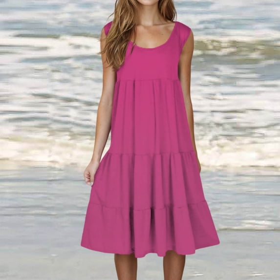 CALAFEBILA Dresses for Women 2025 Sleeveless Solid Color Sundresses for Women Casual Crew Neck Knee Length Beach Mini Tank Dresses