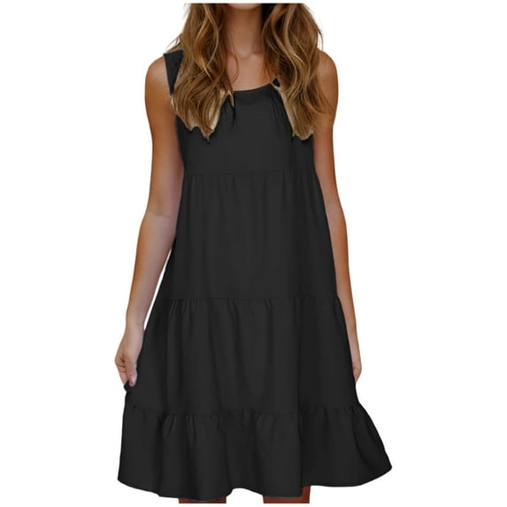CALAFEBILA Dresses for Women Sleeveless Solid Color Womens Sundresses Casual Crew Neck Mini Tank Beach Knee Length Dresses