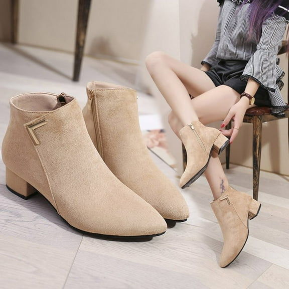 CALAFEBILA Fall Shoes Women Beige Fashion Casual Solid Color Pointed Toe Thick Heel