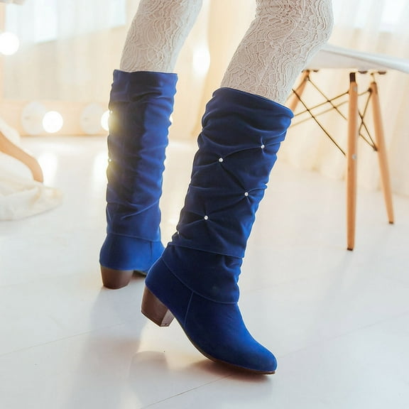 CALAFEBILA Fall Shoes Women Blue Suede Pleated Rhinestone Thick Heel Sleeve Mid Heel High Top Knight