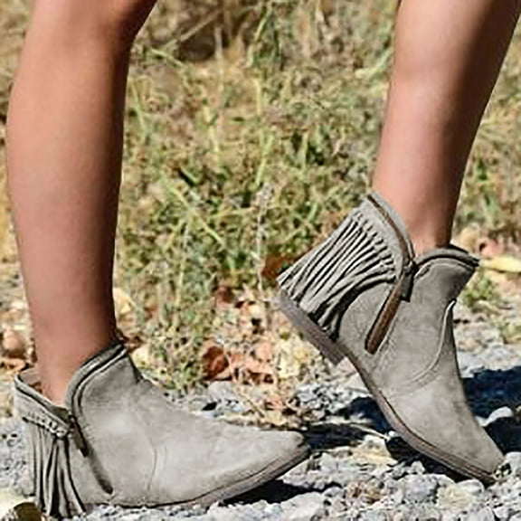 CALAFEBILA Fall Shoes Women Gray Comfortable Retro Tassel Side Zipper Low Heeled Round Toe