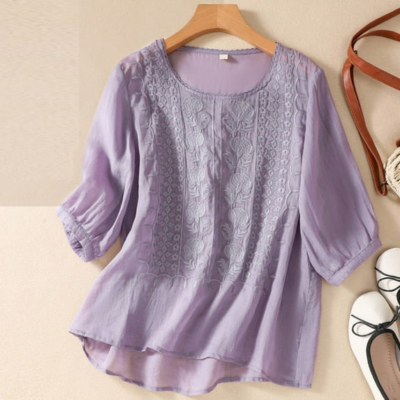CALAFEBILA Fashion Tops for Women Cotton Linen Women Blouses,Ladies Fashion Solid Color Blouse Summer 3/4 Sleeve Crew Neck Embroidery Lace Womens Casual Tops
