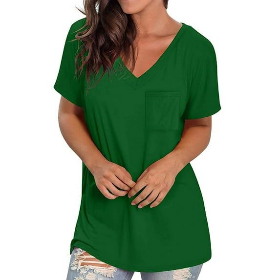 CALAFEBILA Girl Shirts Short Sleeve T-Shirt for Women,Women Fashion Solid Color T-shirt Summer V Neck with Pockets Tops for Women