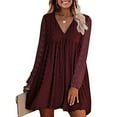 thumbnail image 1 of CALAFEBILA Girl's Dresses Long Sleeve V-neck Solid Color Mini Babydoll Dress Chiffon Short Womens Dresses, 1 of 5