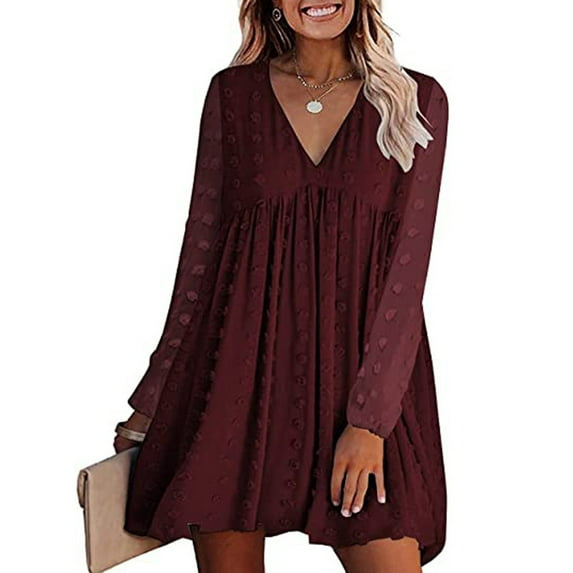 CALAFEBILA Girl's Dresses Long Sleeve V-neck Solid Color Mini Babydoll Dress Chiffon Short Womens Dresses