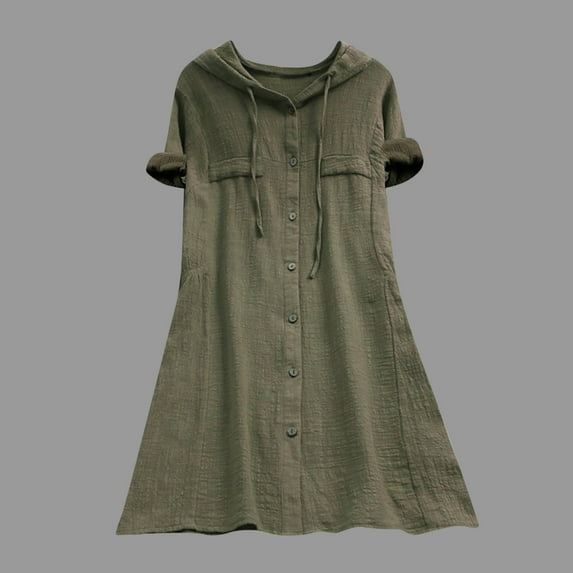 CALAFEBILA Girl's Dresses Short Sleeve Hoodies Solid Color Mini Shirt Dress Button Down Cotton Short Dresses for Junior