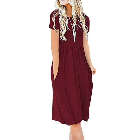 CALAFEBILA Girl's Dresses Short Sleeve Solid Color Knee Length Sun Dress Tunic Pleated Pockets Long Boho Dresses