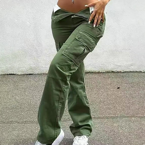 CALAFEBILA High Waist Cargo Pants Women Plus Size Straight Leg Streetwear Jogger Pants Women Workout Stretchy Waist Loose Fit Trousers 4 Pockets