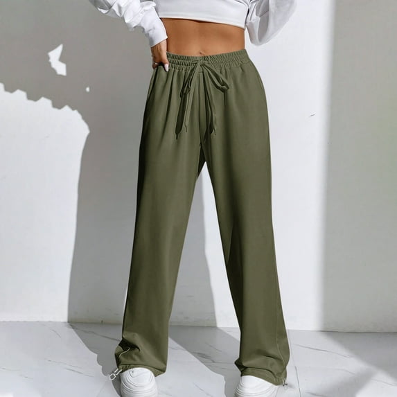 CALAFEBILA High Waist Womens Casual Pants Stretch Straight Leg Cotton Jogger Trousers Casual Solid Drawstring Long Relaxed Fit Pants with Pockets
