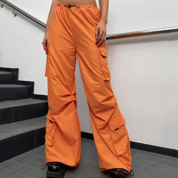 CALAFEBILA Hiking Women Cargo Pants Wide Leg Low Waist Adjustable Streetwear Pants for Women Stretchy Waist Parachute Pants Loose Trousers Multi Pockets
