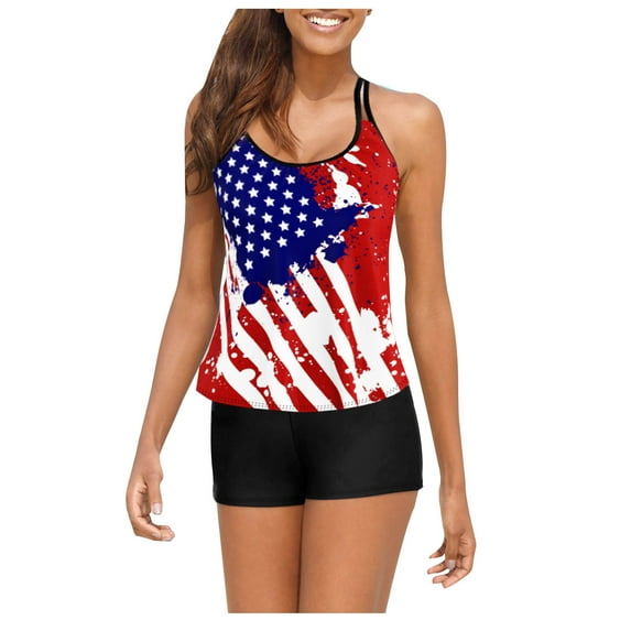 CALAFEBILA Juniors Swimsuits Modest Two Piece Tankini 4th of July American Flag Graphic Pools Summer Independence Day Bathing Suits