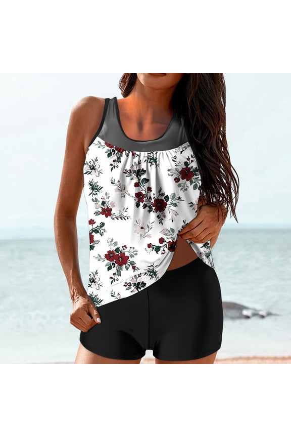 Juniors Swimsuits Tankini Modest 2 Piece Pleated Floral Print Summer Bathing Suits