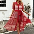 thumbnail image 1 of CALAFEBILA Ladies Spring Bride 2025 Mini Slim Mother's Day Dress Spring Solid Color Short Seeve Lapel Grenadine Red Dress, 1 of 9