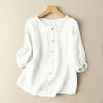 thumbnail image 1 of CALAFEBILA Ladies Summer Tops Cotton Linen Womens Blouses ,Ladies Fashion Solid Color Blouse Summer 3/4 Sleeve Crew Neck Button Down Women's Tops, 1 of 5