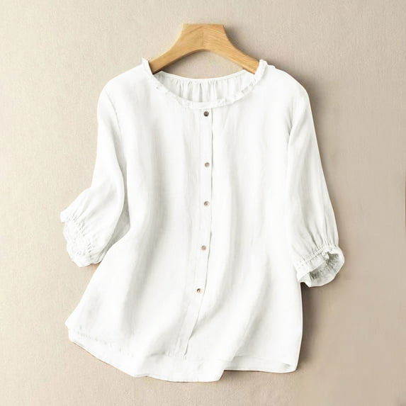 CALAFEBILA Ladies Summer Tops Cotton Linen Womens Blouses ,Ladies Fashion Solid Color Blouse Summer 3/4 Sleeve Crew Neck Button Down Women's Tops