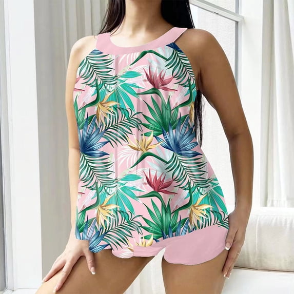 CALAFEBILA Ladies Swimsuits 2 Piece Modest Tankini Hawaiian Backless Floral Print Bathing Suits