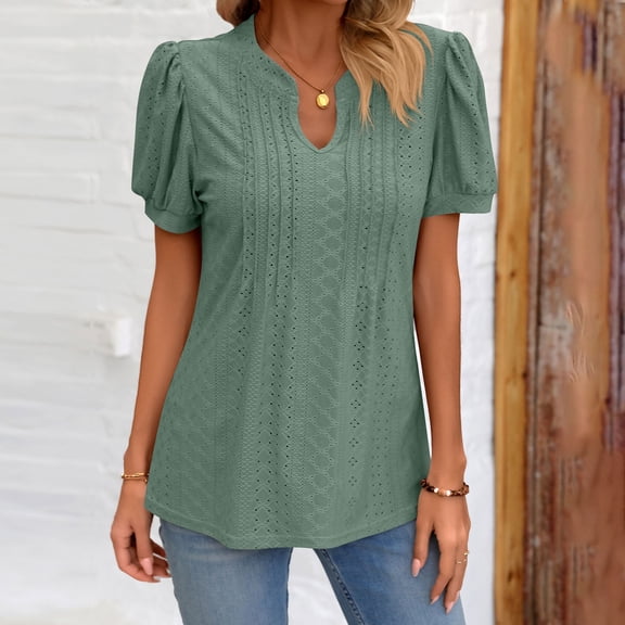 CALAFEBILA Ladies T Shirt Puff Sleeve Blouses for Women ,Women Fashion Solid Color Blouse Summer Pleated V Neck Loose Breathable Women Tops