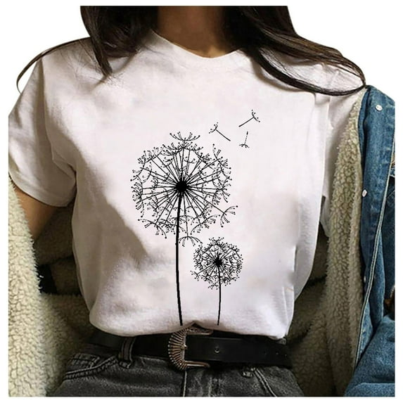 CALAFEBILA Ladies T Shirts On Clearance Crop Womens Shirts Plus Size,Women's Fashion Floral Print T-shirt Summer Short Sleeve Crew Neck Women Tops