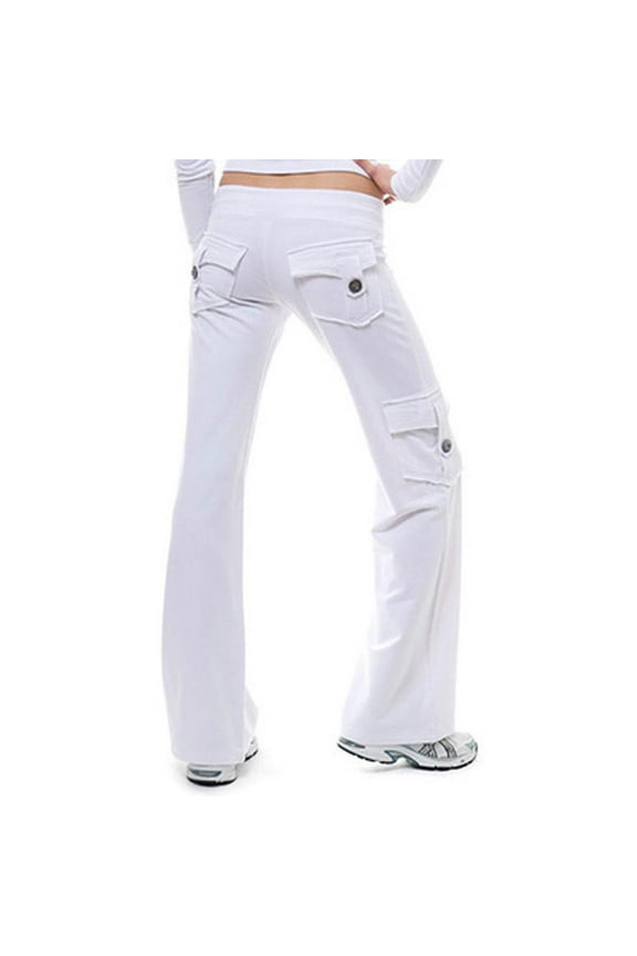 Ladies White Pants Cargo Elastic High Waist Straight Leg Leggings Casual Regular fit Lounge Yoga Pants with Pockets