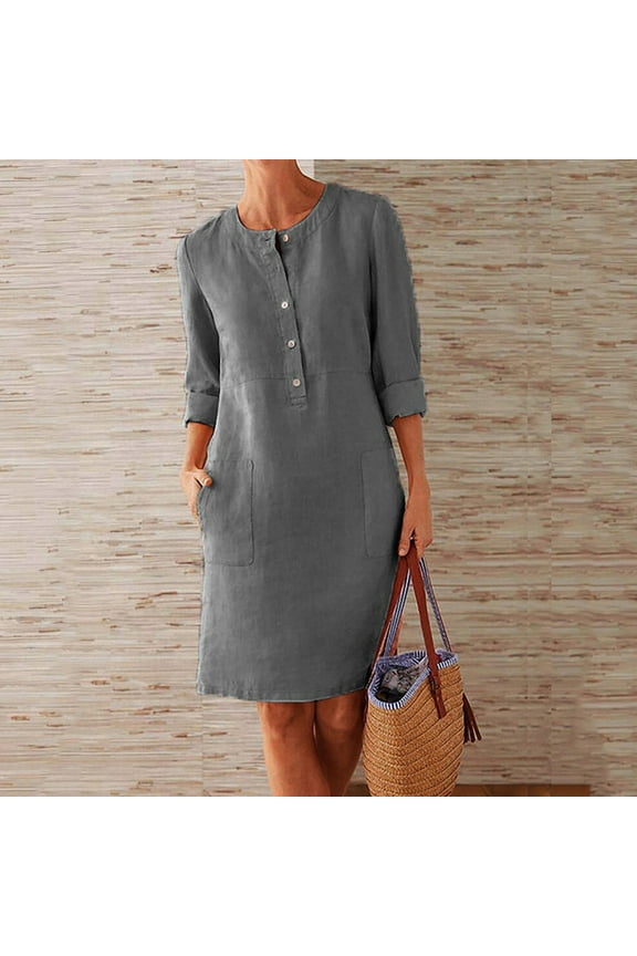 Long Sleeve Cotton Linen Dresses for Women Button Down Knee Length Winter Midi Dresses Crew Neck Long Solid Color Women's Dresses