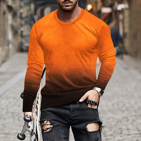 CALAFEBILA Men's Gradient Color T Shirts,Fall Long Sleeve Orange Tops Crew Neck Blouse Casual Loose Soft Pullover Tops
