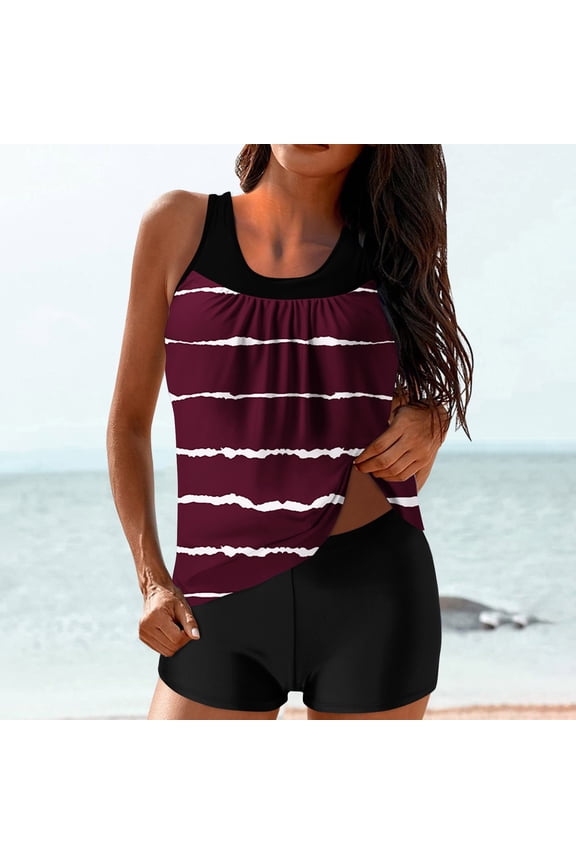 Modest Ladies Swimwear Two Piece Tankini Summer Pools Striped Print Bathing Suits