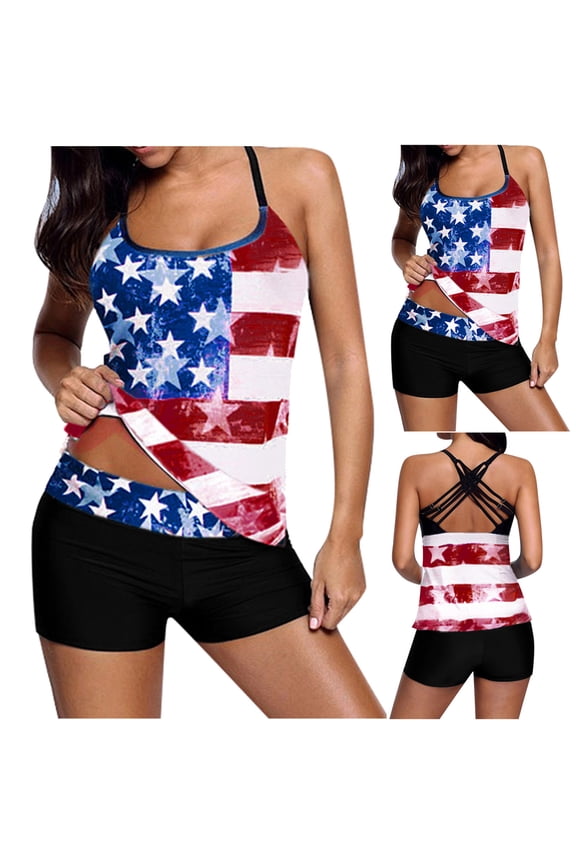 Modest Swimsuits for Women 2025 Two Piece Tankini American Flag Graphic Seaside Summer Independence Day Padded Bathing Suits