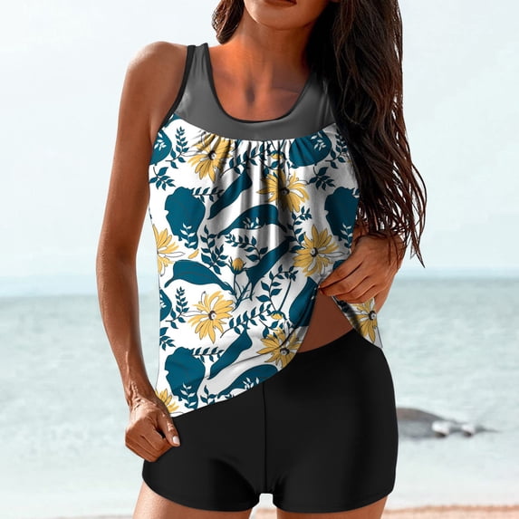 CALAFEBILA Modest Womens Swimsuits Plus Size Two Piece Tankini Pleated Print Hawaiian Bathing Suit