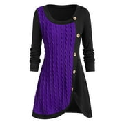 CALAFEBILA Oversized Sweater for Women Fall Purple Plus Size Long Sleeve Solid Botton Pachwork Asymmetric Tops Knit Sweater