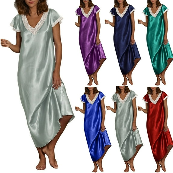 CALAFEBILA Pajama Female Long Summer Nightgowns Pajama Smooth Solid Stain Maxi Silk Sleepwear Nightgowns for Women