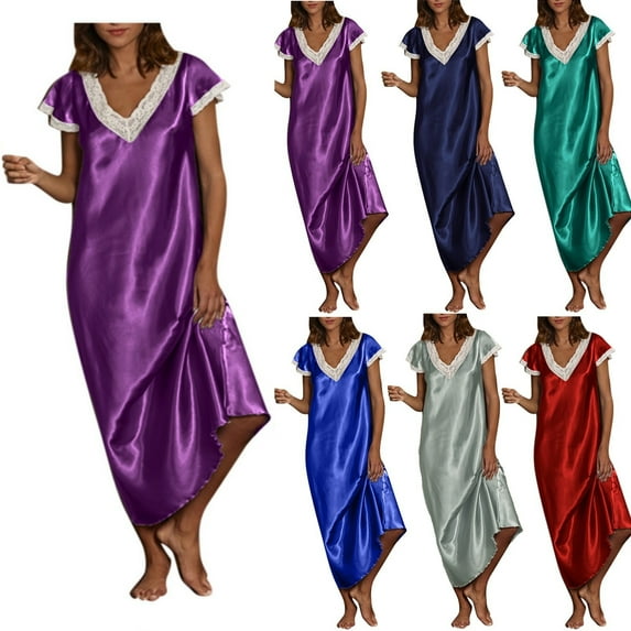 CALAFEBILA Pajama Female Nightgowns Summer Long Pajama Solid Maxi Stain Smooth Sleepwear Silk Nightgowns for Women
