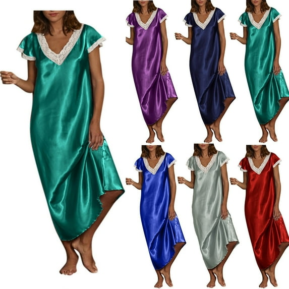 CALAFEBILA Pajama Female Pajama Nightgowns Summer Long Smooth Silk Solid Sleepwear Maxi Stain Nightgowns for Women