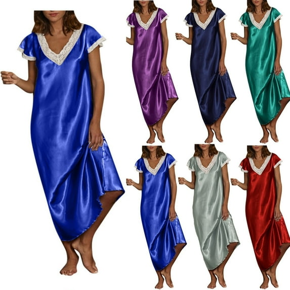 CALAFEBILA Pajama Female Summer Long Nightgowns Pajama Maxi Solid Silk Stain Smooth Sleepwear Nightgowns for Women