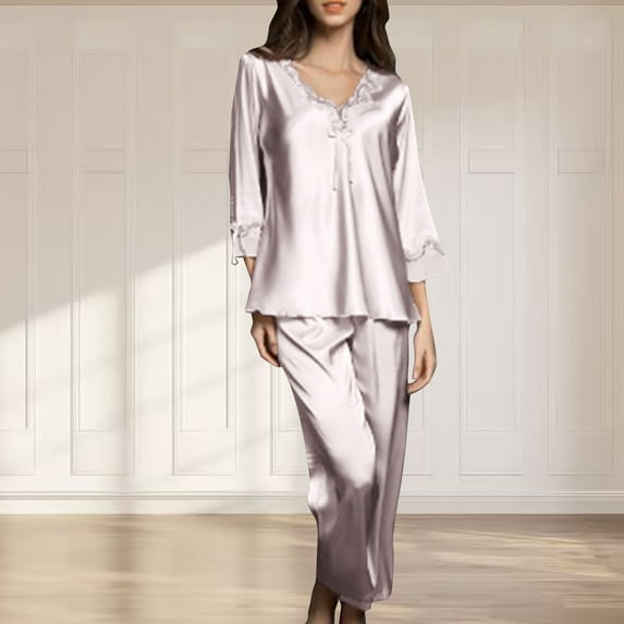 CALAFEBILA Pajama Set for Women Lace for Women Loungewear V-Neck Satin Silk Tops and Pants