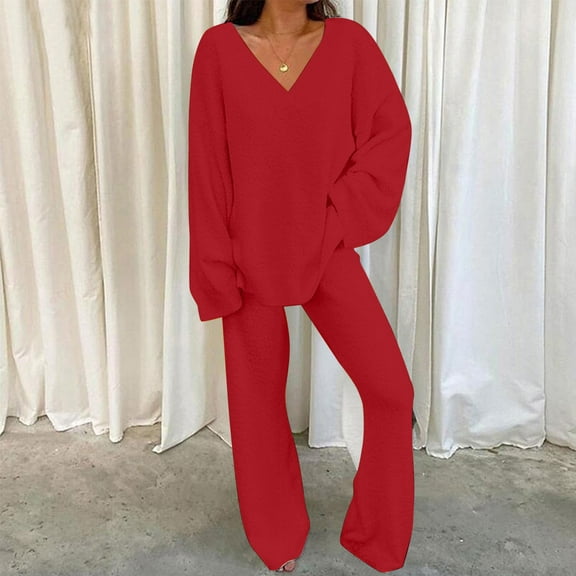 CALAFEBILA Pajamas Set for Women Soft Comfy Long Sleeve Tops and Wide Leg Pants Soft Pj Lounge Sets