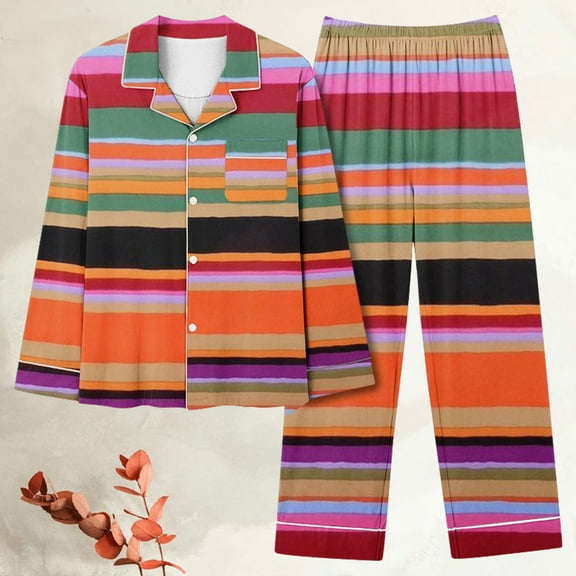 CALAFEBILA Pajamas Sets for Women 2pc Button Down Pjs for Women Pajama Notch Collar Striped Tops with Pocket and Pants